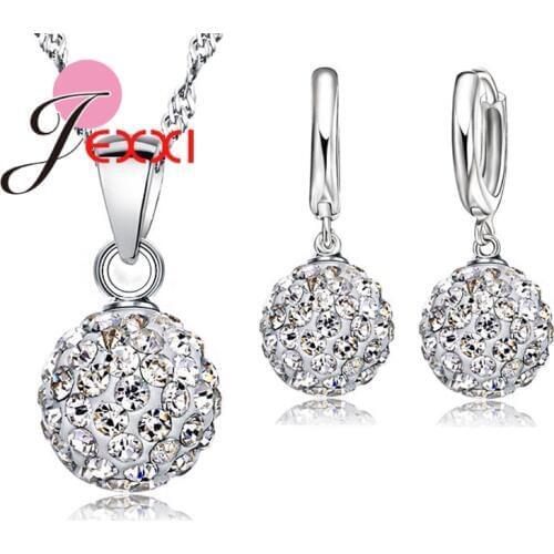Hot Selling Jewelry Sets 925 Sterling Silver Austrian Crystal Pave Disco Ball Lever Back Earring Pendant Necklace Woman