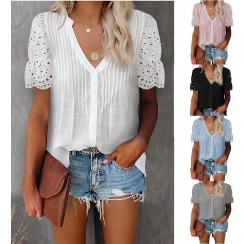 Women Fashion Lace Short Sleeve Casual T-shirt V-neck Solid Color Folds Top Fashion Office Lady Elegant Camiseta Mujer