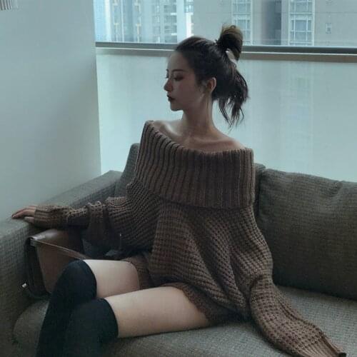 Women Off Shoulder Black Sweater Tops 2021 Spring New Sweet Casual Thick Warm Pullovers Knitted Korea Style Plus Size