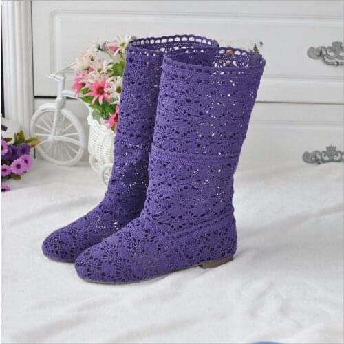 2021 Hollow Boots Shoes Breathable Knit Line Mesh Korean High Summer Women Boots Knee High Womens Shoes for lady girl purple