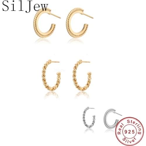 SilJew 925 Sterling Silver Twist Big Circle 25mm Hoops Round C-shaped Earring Fashion Piercing Rock Punk Women Luxury Jewelry