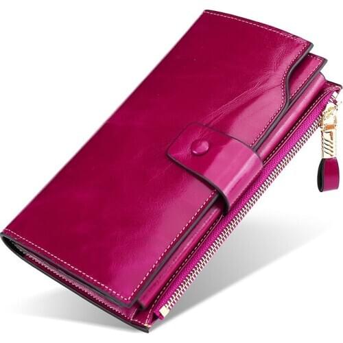 Womens Clutch Bag RFID Anti-theft Brush Head Layer Leather Wallet Ladies Oil Wax Leather Large Capacity Clutch