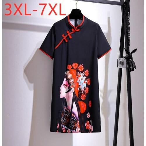 New 2021 Ladies Summer Chinese Style Plus Size Mini Dress For Women Large Short Sleeve Loose Print Dress 3XL 4XL 5XL 6XL 7XL