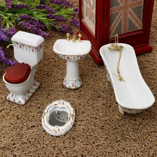 1/12 Dollhouse Miniature Bathroom Furniture Kits Flower Bathtub and Toilet Set #2
