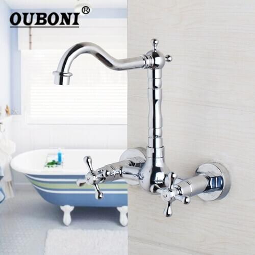 360 Swivel Wall Mounted Chrome Polished Kitchen Basin Faucet Chrome Brass Bathroom Basin Faucet Vanity Sink Mixer Tap
