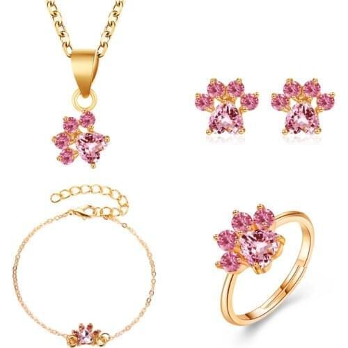 83XC 1 Set Pink Crystals Cat Paw Print Earrings Rings Pendant Bracelet Adjustable Pet Cat Dog Paw Jewerly Set for Women