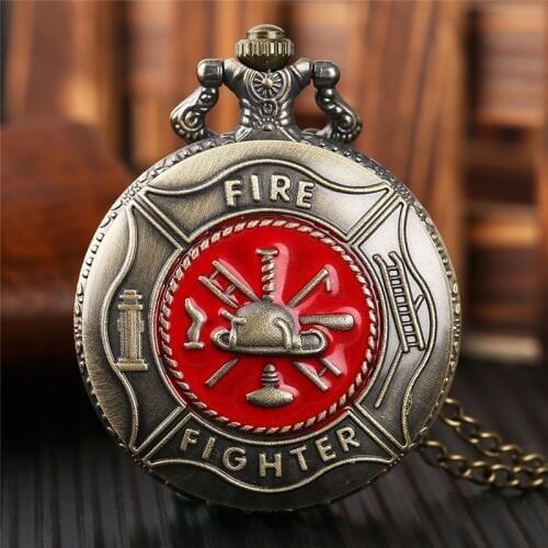 Antique Bronze Pocket Watch Classic Red Fire Fighter Symbol Carving Slim Necklace Creative Students Boys Clock Best Fireman Gift