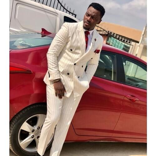 White Pinstripe Double Breasted Mens Suits Peaked Lapel Slim Fit Business Tuxedos Two Pieces Brothers Jacket Pants