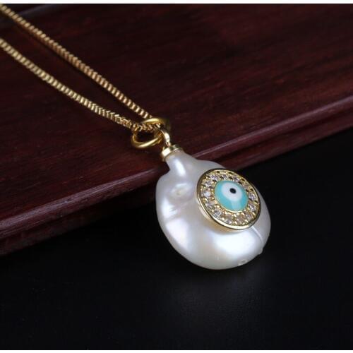 Paved cz tiny disc blue evil eye charm natural coin freshwater pearl bead chic gold link chain pendant choker necklace for women