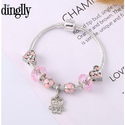 Dinglly Pink Heart Beads Bear Paw Pendant Charm Bracelets For Women Girls Original Crystal Beaded Bracelet Child Kids Bangle