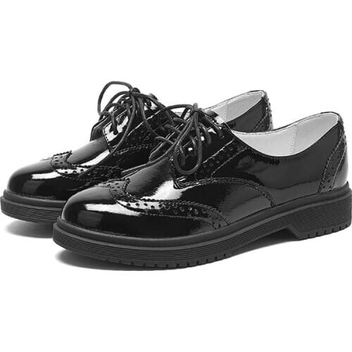 GUIDIBASIC2021 Spring New Round-Headed Low-Heeled Genuine Leather Brogue Low Heel Womens Shoes D48-Jinshang-D4-3