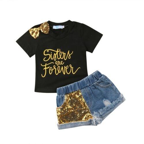 Baby Girl Letter Print T-shirt Tops+Sequins Denim Shorts Jeans 2PCS Outfits Children Clothing Set