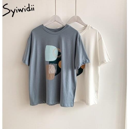 Syiwidii T Shirts for Women Tshirts Kawaii Clothes Cotton Tops Summer Tees Vintage 2021 Fashion Blue White Art Short Sleeve New