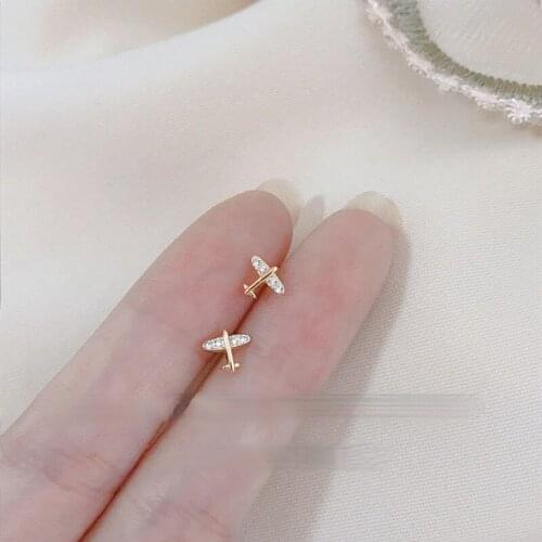 Exquisite Simple Small Airplane Stud Earrings Sweet Cute Girl Gold Plated CZ Zircon Earrings Charm Lady Birthday Party Jewelry