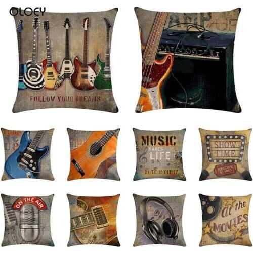 Oil Painting Guitar Art Linen Cushion Cover Home Bedroom Hotel Car Decoration Cushion Cover Wedding Personality Gift 45x45cm