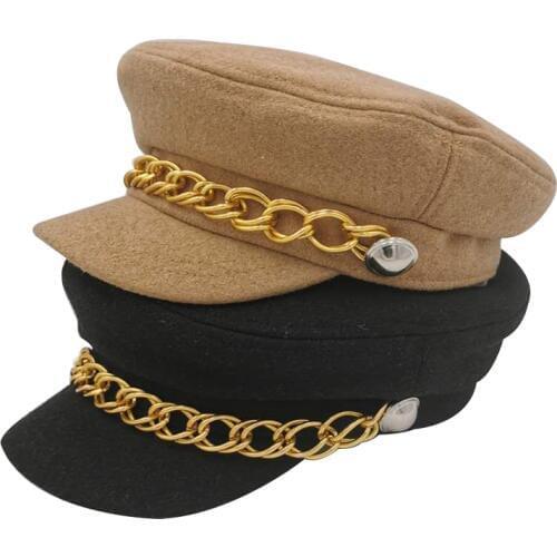 Yellow Women Hats Solid Plain Octagonal Newsboy Cap Ladies Casual Warm Winter Beret Female Caps with Gold Chain Decoration
