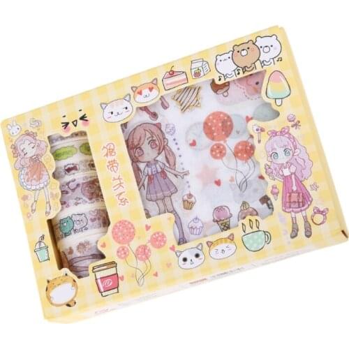 Kawaii Gift Package Sticker with 7pcs Washi Tape Set Scrapbooking Masking Tapes Paper Decoration
