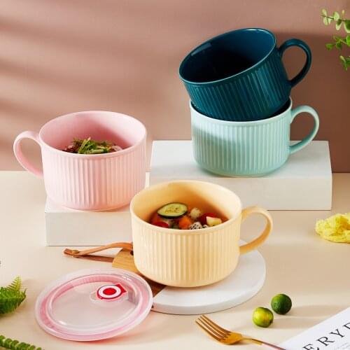Instant noodles bowl with lid ceramic household single student dormitory Japanese creative soup bowl ramen bowl fresh keeping
