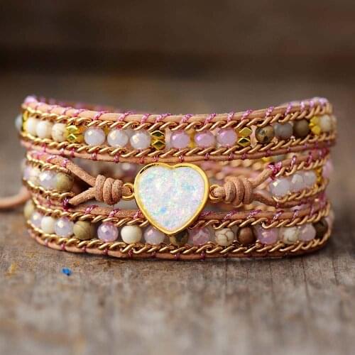 Fancy 3 Strand Heart Shape Leather Wrap Bracelet Spiritual Natural Stone Crystal Weaving Cuff Bracelet Teengirls Jewelry