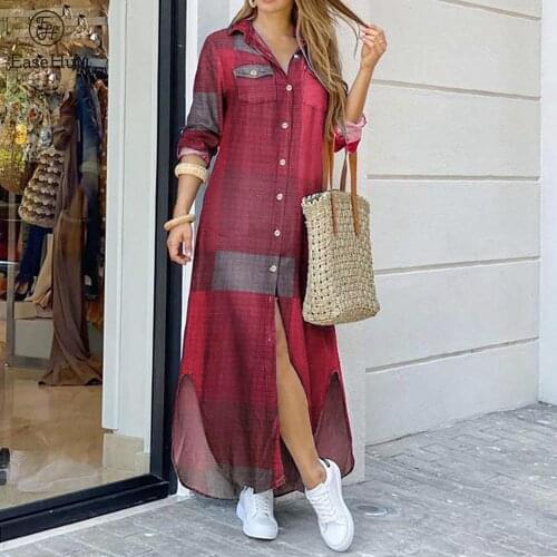 Autumn Women Vintage Shirt Dress Plaid Chains Print Turn Down Collar Buttoned Front Casual Loose Long Robe Gown Sundress
