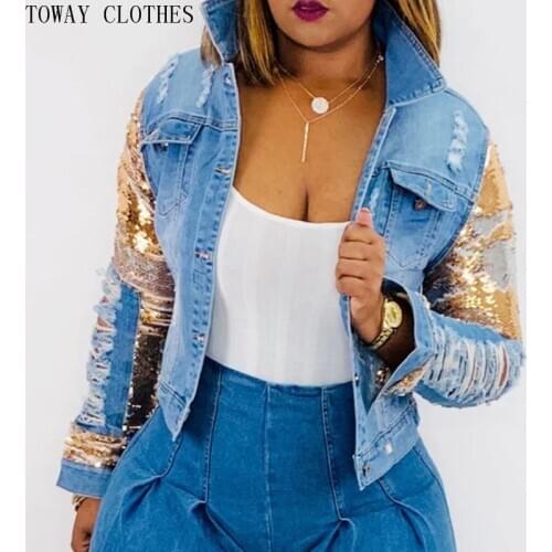 Sequin Coat Women Casual Female Jacket Patchwork Outwear Streetwear Button Up Hole