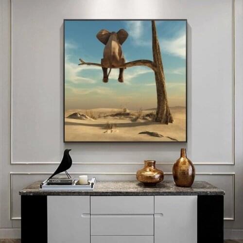 Posters and Prints Elephant Sits on Tree Branch Modern Art Canvas Surrealism Art Paintings Funny Art Animals Pictures Cuadros