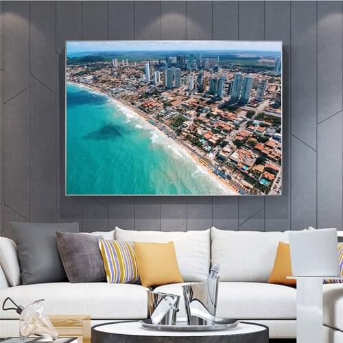 Seaside City Island Painting Poster Home Wall Decor Pale Green Sea Water Blue Sky White Cloud High-rise Building Landscape Mural