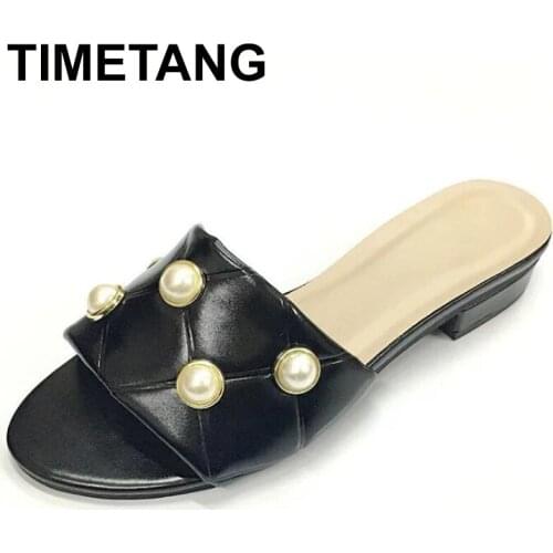 TIMETANGShoes Woman2021Low Big Size Slippers Flat Rivet Fabric Rubber Basic PU Scandals Rivet Low Shoes Big Size Ladies' Slipper