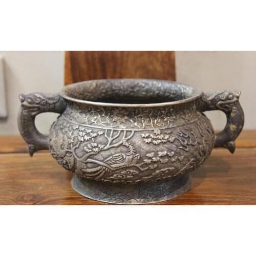 Vintage Handmade engraved Pure Silver Buddhism Phoenix Dragon Ear incense burner