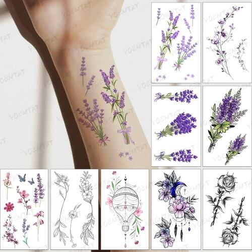 Waterproof Temporary Tattoo Sticker Color Lavender Purple Flower Linear Cute Fake Tatoo Arm Woman Man Child Flash Tattoos