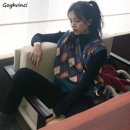Sweaters Vest Women Knitted Argyle Vintage V-neck Sleeveless Waistcoat Preppy Style Casual Autumn Korean Teens Lady Female Tops