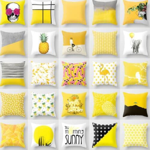 Polyester Cushion Cover Yellow Based Printing Graffiti Pineapple Leaf Yellow Throw Pillow Case Sofa Car Waist Throw Cojine