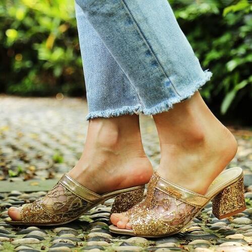 2021 Glitter Mesh Gladiator Sandals Women Summer Fashion Peep Toe Casual Slippers Thick Heel Women Shoes Slip On Big Sizes 43