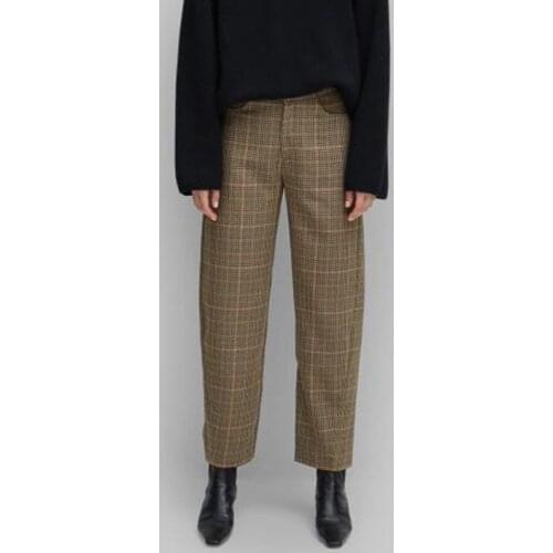 Women Pants 2021 Autumn and Winter Yellow Plaid 100% Cotton Straight Pants Casual Loose Ankle Pants Pencil Pants