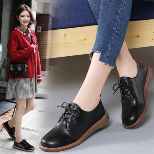 2021 Women Oxfords Spring/Autumn Flat Shoes For Women Genuine Leather Casual Flats Ladies Lace Up Solid Chaussure Femme