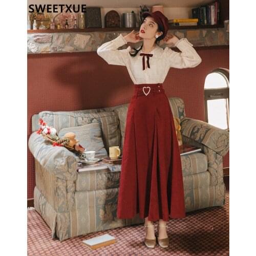 SWEETXUE Women Fashion Vintage Elegant 2021 White Bow Lace Blouse Top + High Waist Corduroy Long Skirt Two-Piece Suit&Set