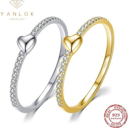 YANLOK Genuine 925 Sterling Silver Dazzling Clear CZ Tiny Small Heart Finger Rings For Women Wedding Statement Jewelry Anel