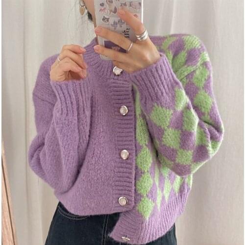 2021 Autumn Vintage O Neck Plaid Stitching Contrast Color Short Knitted Coat Casual Single-breasted Long Sleeve Ladies Knitwear