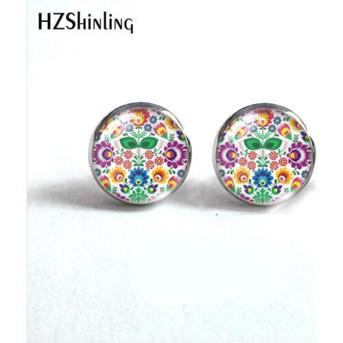 2019 New Fashion Polish Folk Glass Dome Stud Earrings Polish Folk Cufflink Hot Bronze Round Earrings Jewelry for Beauty