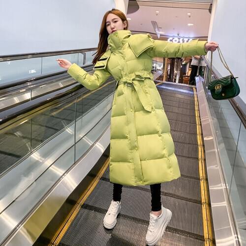 2021 Korean Fashion Cotton Coats Womens X-Long Slim Down Cotton Jacket Parkas Woman Warm Hooded Cotton Overcoat Womens Jackets
