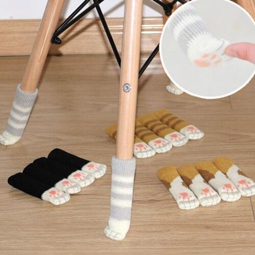 4Pcs/set Cat Paw Table Foot Socks Chair Leg Covers Floor Protectors Non-slip Knitting Socks For Furniture Cartoon Home Decor