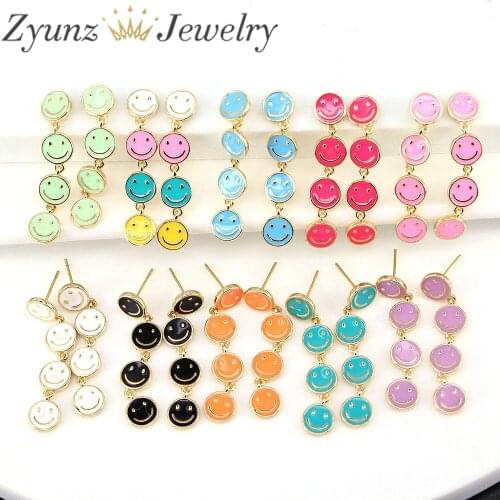 5 Pairs, Colorful Enamel Happy Face Smile Smiley Round Beads Tassel Dangling Drop Girl Earring New