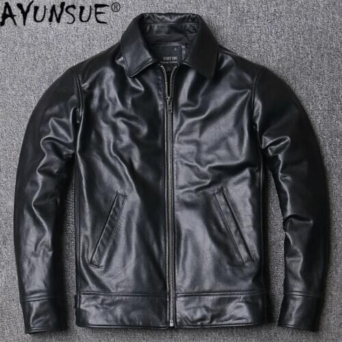 AYUNSUE 2020 New Spring Real Leather Jacket Men Short 100% Cow Leather Coat Soft Genuine Leather Mens Jackets Plus Size KJ4706