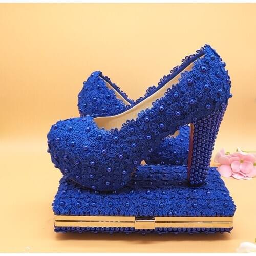 BaoYaFang White Royal Blue Flower Wedding shoes with matching bags Ladies Platform shoes woman High heel shoes and bags fashion