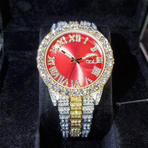 Hip Hop MISSFOX Red Face Iced Out Men Watches Top Brand Luxury Streetwear Quartz Wrist Watches Young Style Stainless Steel Watch