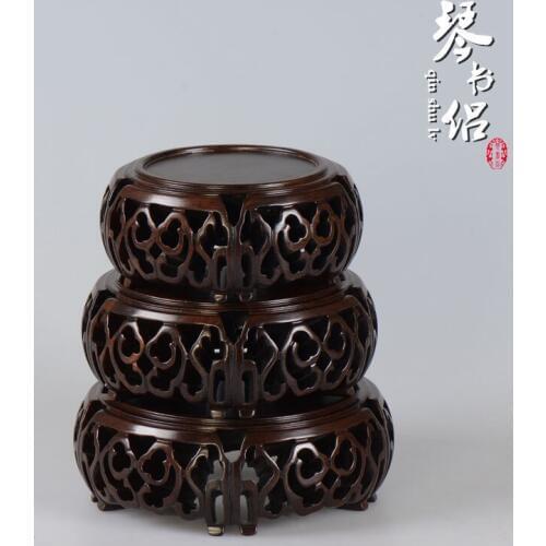Black Catalpa wood hollow circular drum-shaped vase Buddha jade seal base red solid stone ornaments wood carvings bracket