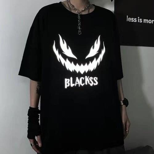 2021 Summer Reflective Tshirt Streetwear Male Japanese Cool Loose Gothic T Shirt High Street Oversize Half Sleeve T Shirt Funny