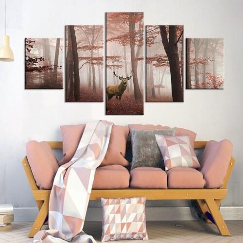 5 Panels HD Prints Natural Forest Landscape Pictures for Living Room Deer Animal Poster Wall Art Canvas Painting Home Decor