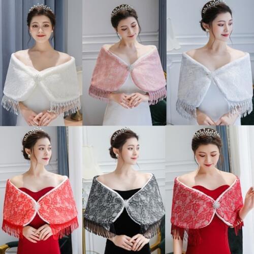 2020 Warm Brooch Lace Faux Fur White Wine Red Gray Champagne Blush Pink Bolero Wedding Wrap Shawl Bridal Jacket Coat Accessories