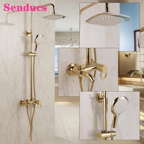 Gold Bathroom Shower Set Senducs Round Rainfall Hand Shower Head Copper Bathtub Mixer Faucets Hot Cold Bath Shower System